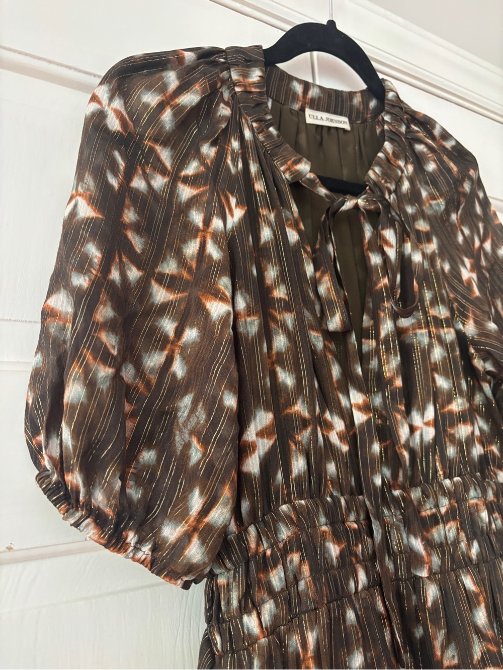 Ulla Johnson Tunis Midi Dress 100% Silk Olive Prism Metallic Puff Sleeve Size 4 - Picture 7 of 16